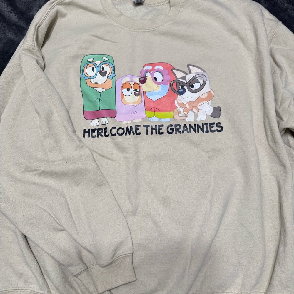 Gildan Cream Crew Neck Sweater with Cartoon Print